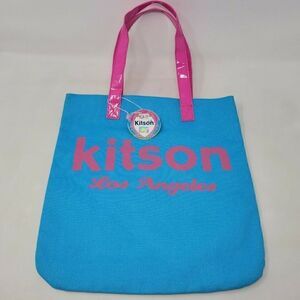 KITSON LA LOS ANGELES BLUE PATENT CANVAS TOTE BAG